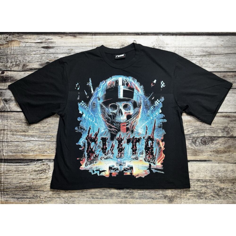 Ryse Skull Racing Rhinestones Mens Medium Black Boxy Crop Tee Embellished